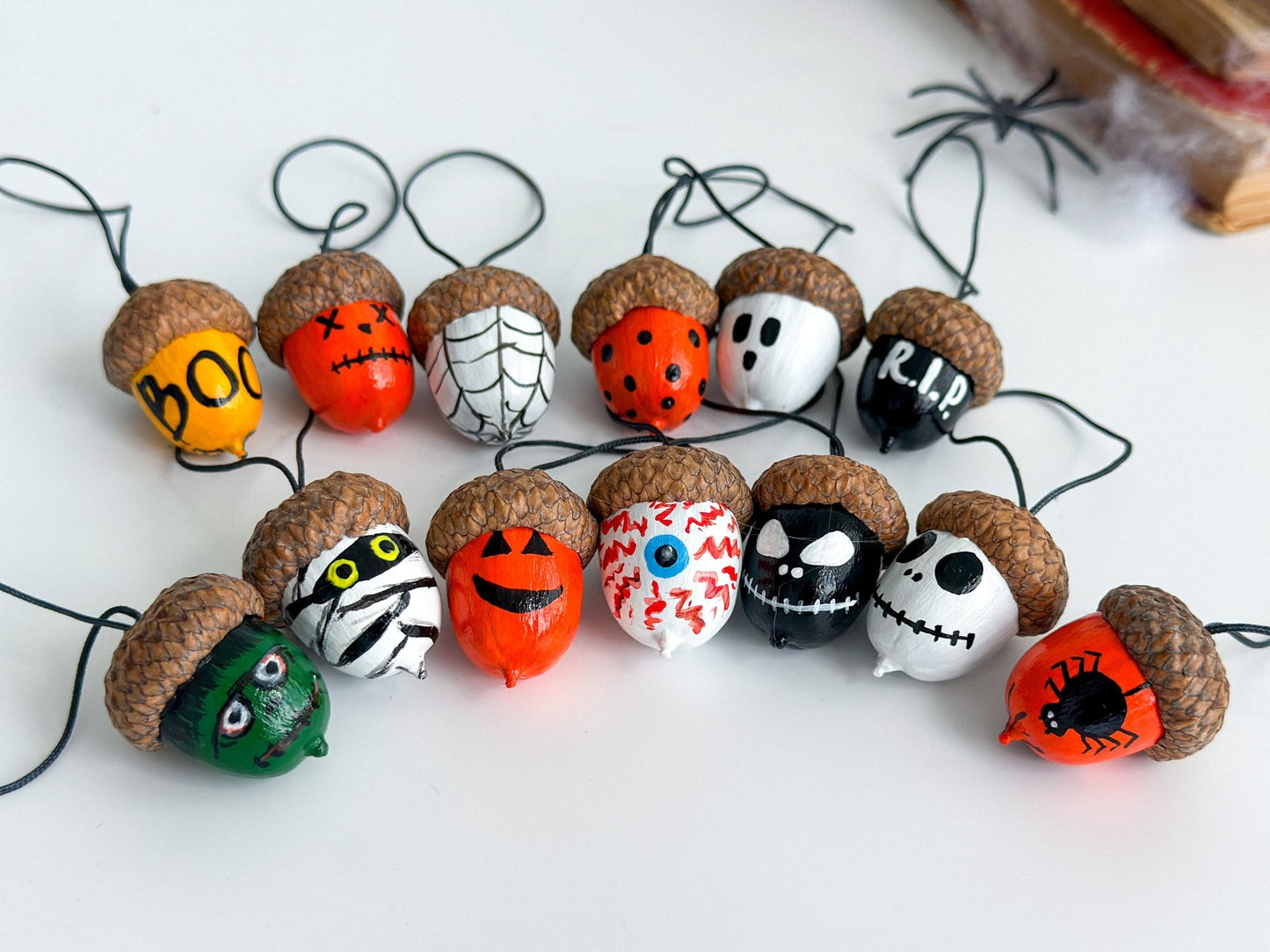 Set of 13 Halloween Acorn Ornaments – Hand - Painted Fall Decor for Halloween Tree or Autumn Table - WoollyFox
