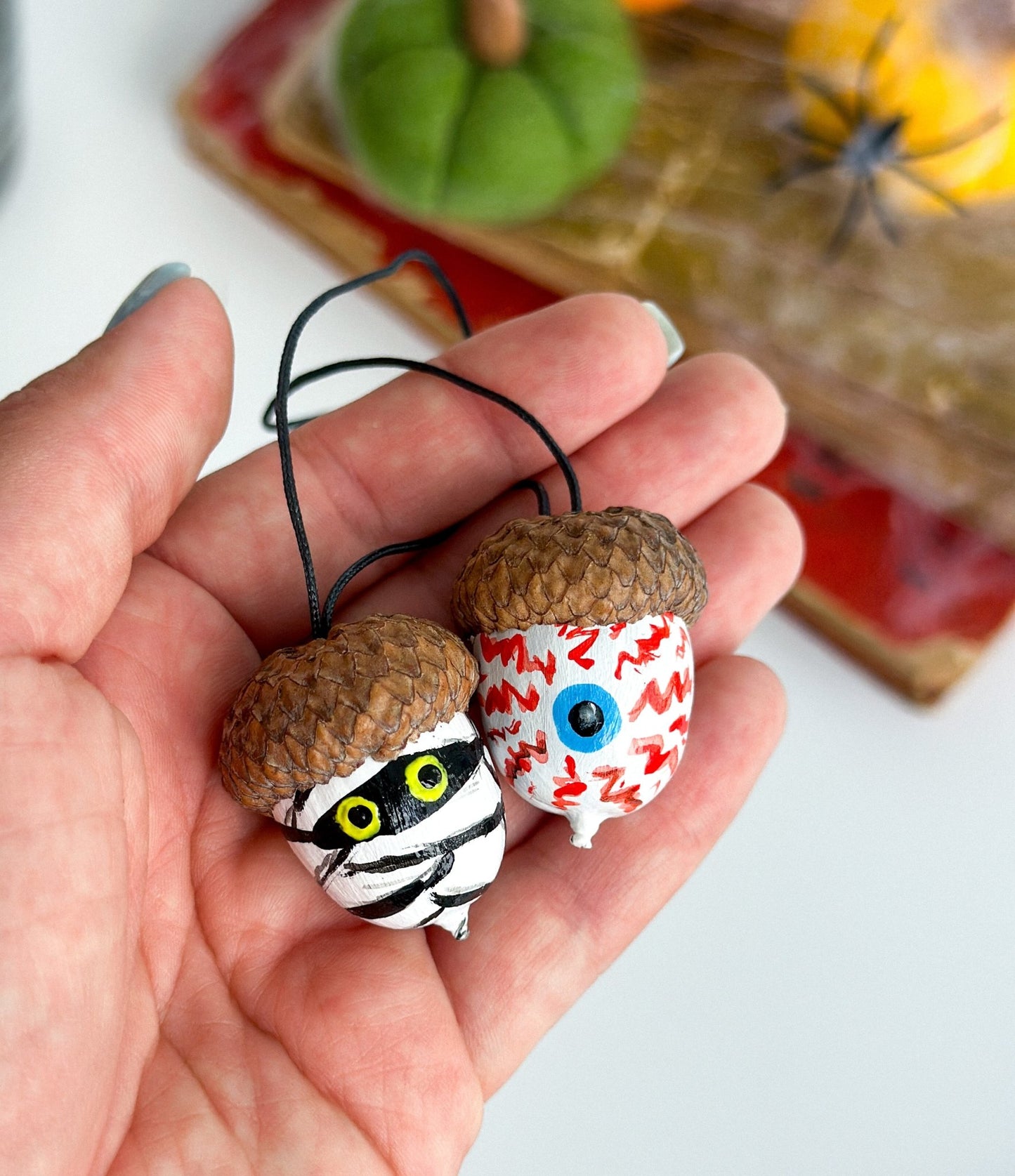 Set of 13 Halloween Acorn Ornaments – Hand - Painted Fall Decor for Halloween Tree or Autumn Table - WoollyFox