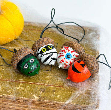 Set of 13 Halloween Acorn Ornaments – Hand - Painted Fall Decor for Halloween Tree or Autumn Table - WoollyFox