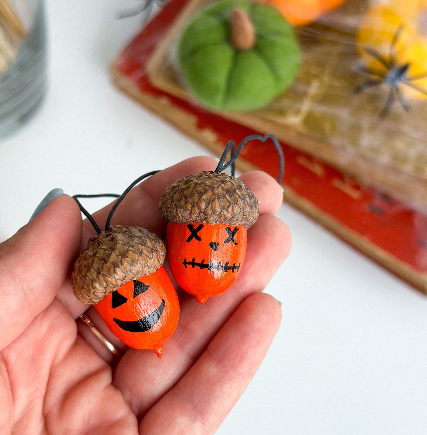 Set of 13 Halloween Acorn Ornaments – Hand - Painted Fall Decor for Halloween Tree or Autumn Table - WoollyFox