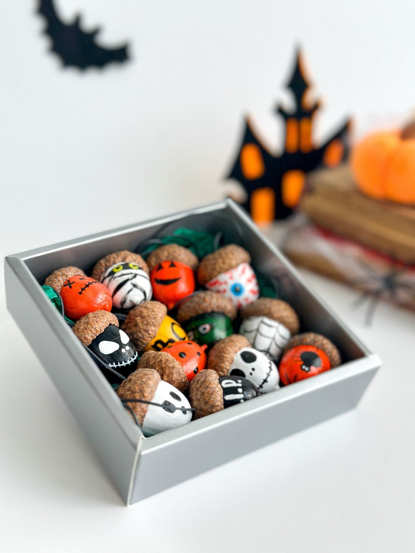 Set of 13 Halloween Acorn Ornaments – Hand - Painted Fall Decor for Halloween Tree or Autumn Table - WoollyFox