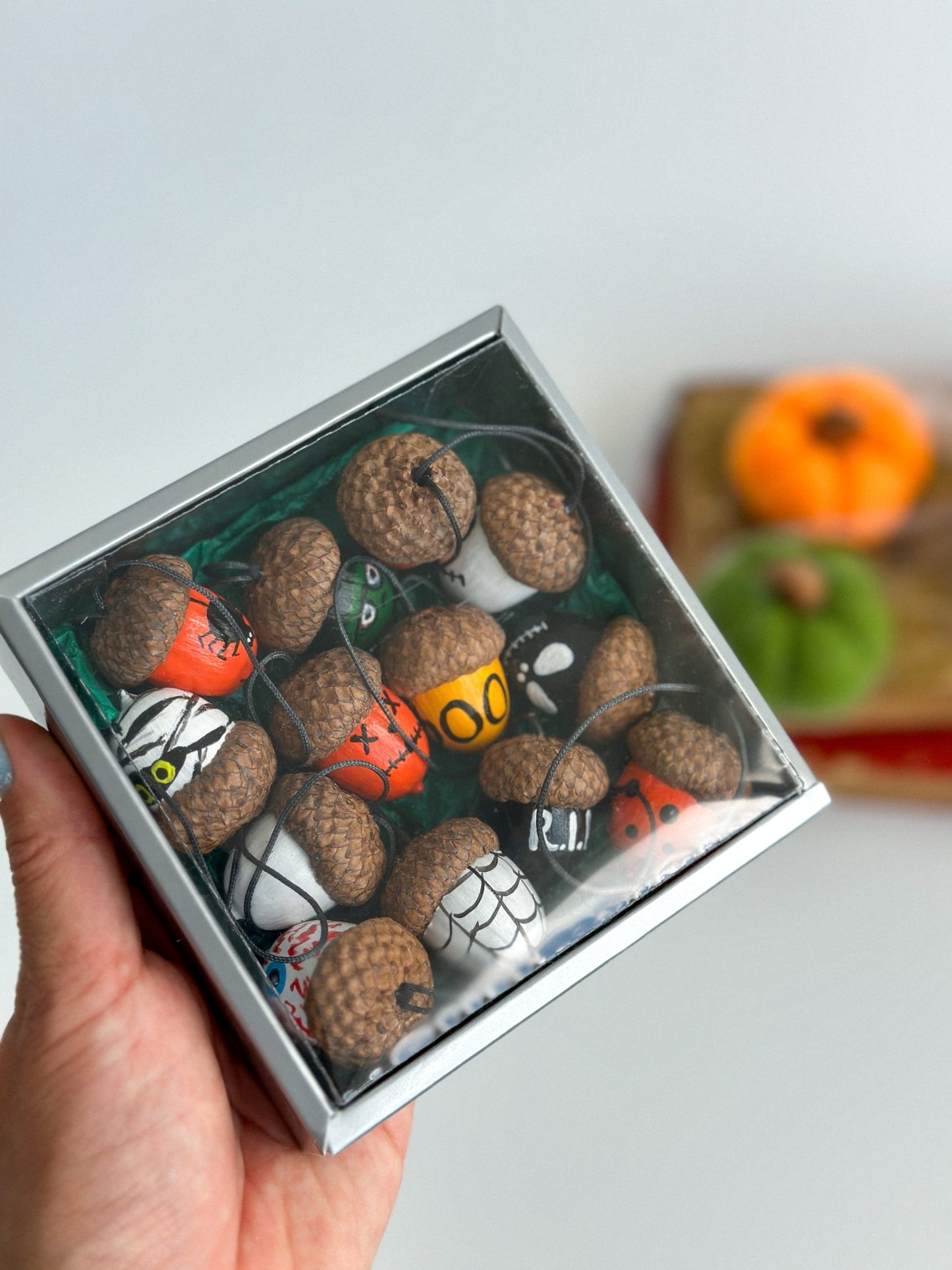 Set of 13 Halloween Acorn Ornaments – Hand - Painted Fall Decor for Halloween Tree or Autumn Table - WoollyFox