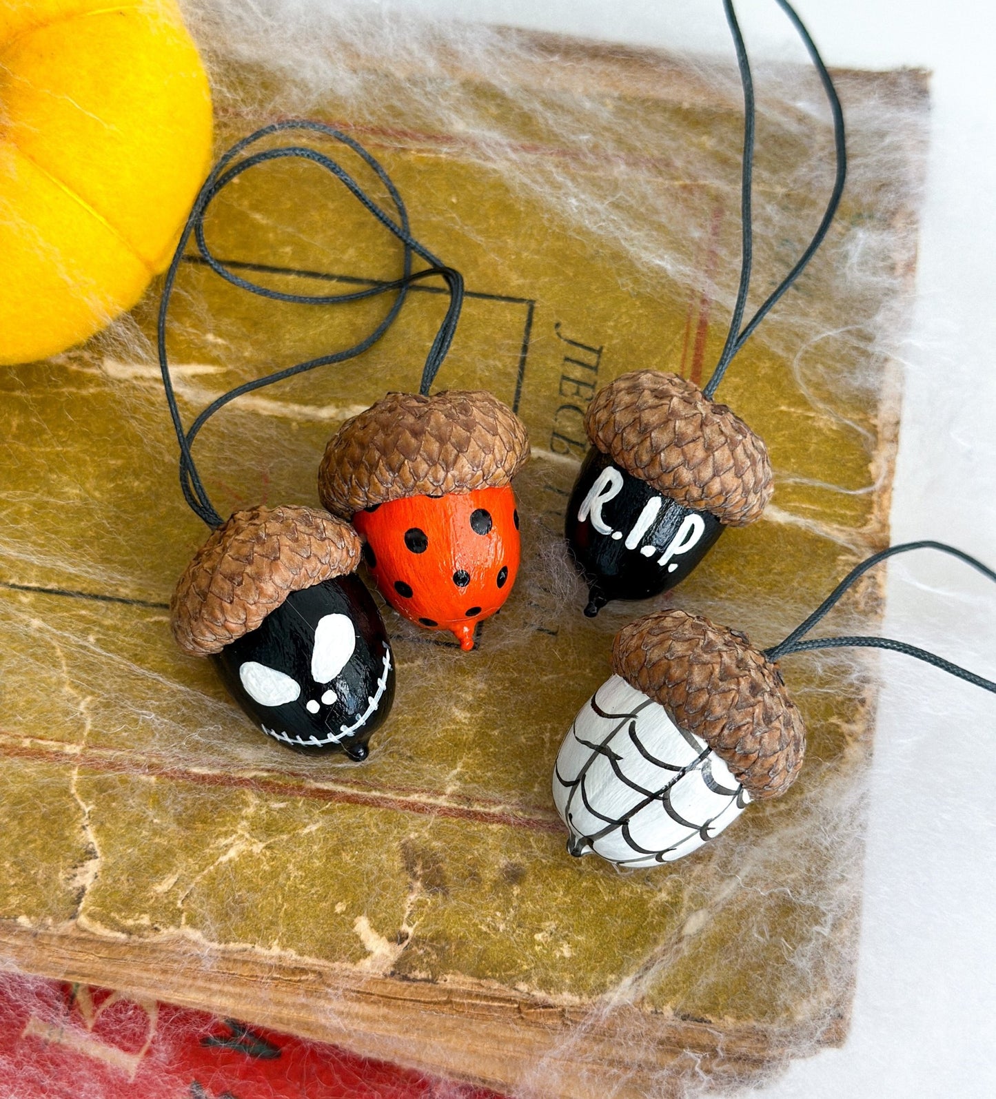 Set of 13 Halloween Acorn Ornaments – Hand - Painted Fall Decor for Halloween Tree or Autumn Table - WoollyFox