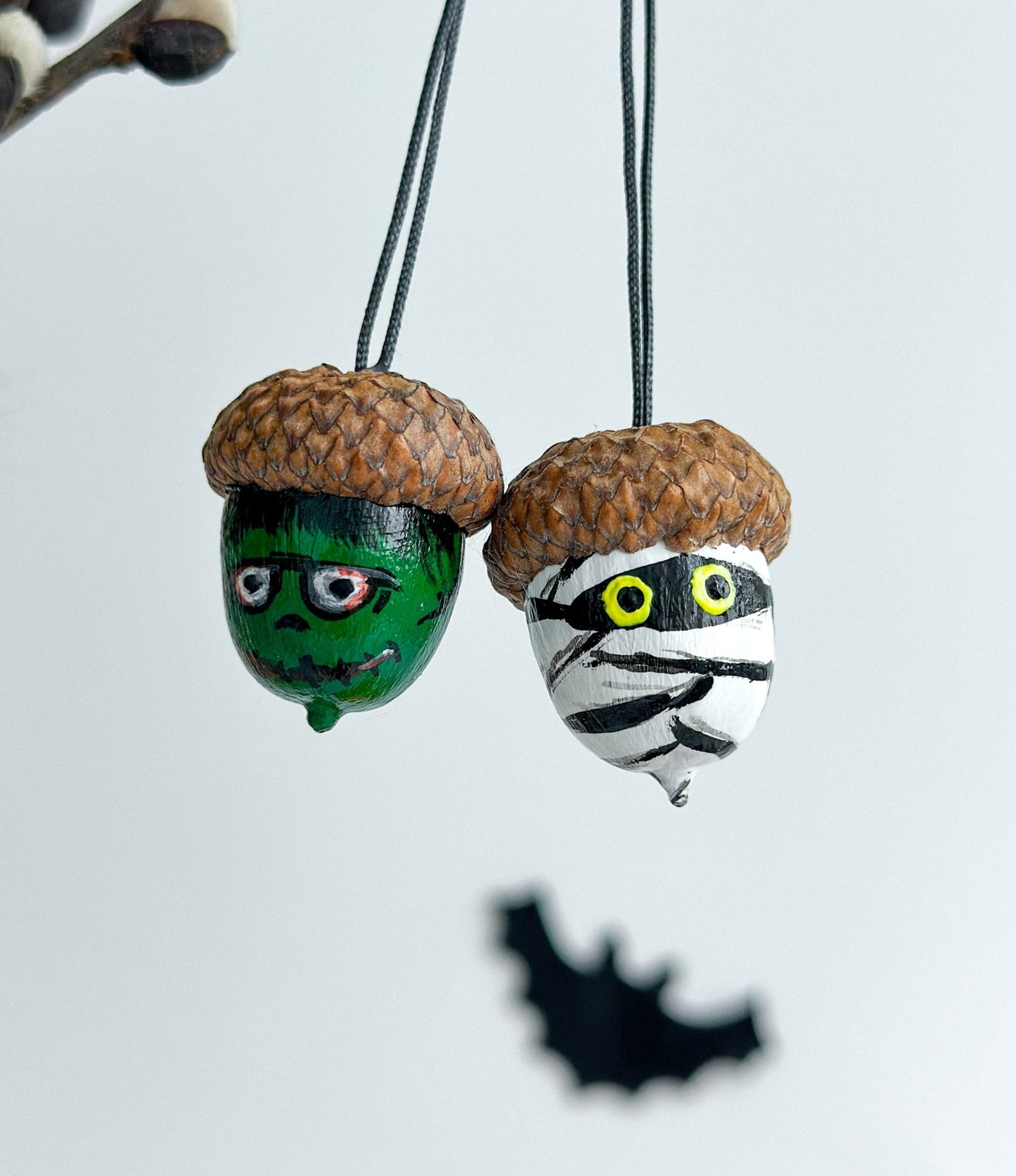 Set of 13 Halloween Acorn Ornaments – Hand - Painted Fall Decor for Halloween Tree or Autumn Table - WoollyFox