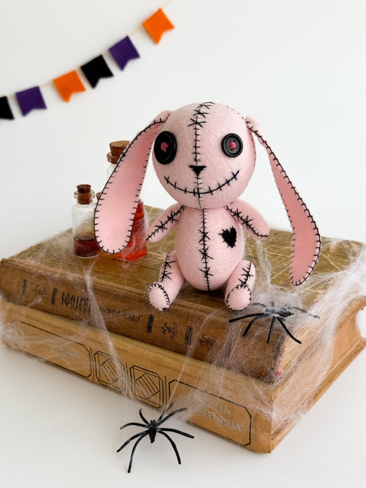 Spooky Cute Pink Bunny Plush – Handmade Halloween Rabbit with Button Eyes | Gothic Felt Doll - WoollyFox