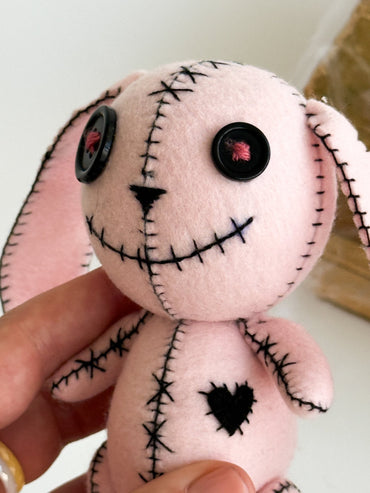 Spooky Cute Pink Bunny Plush – Handmade Halloween Rabbit with Button Eyes | Gothic Felt Doll - WoollyFox