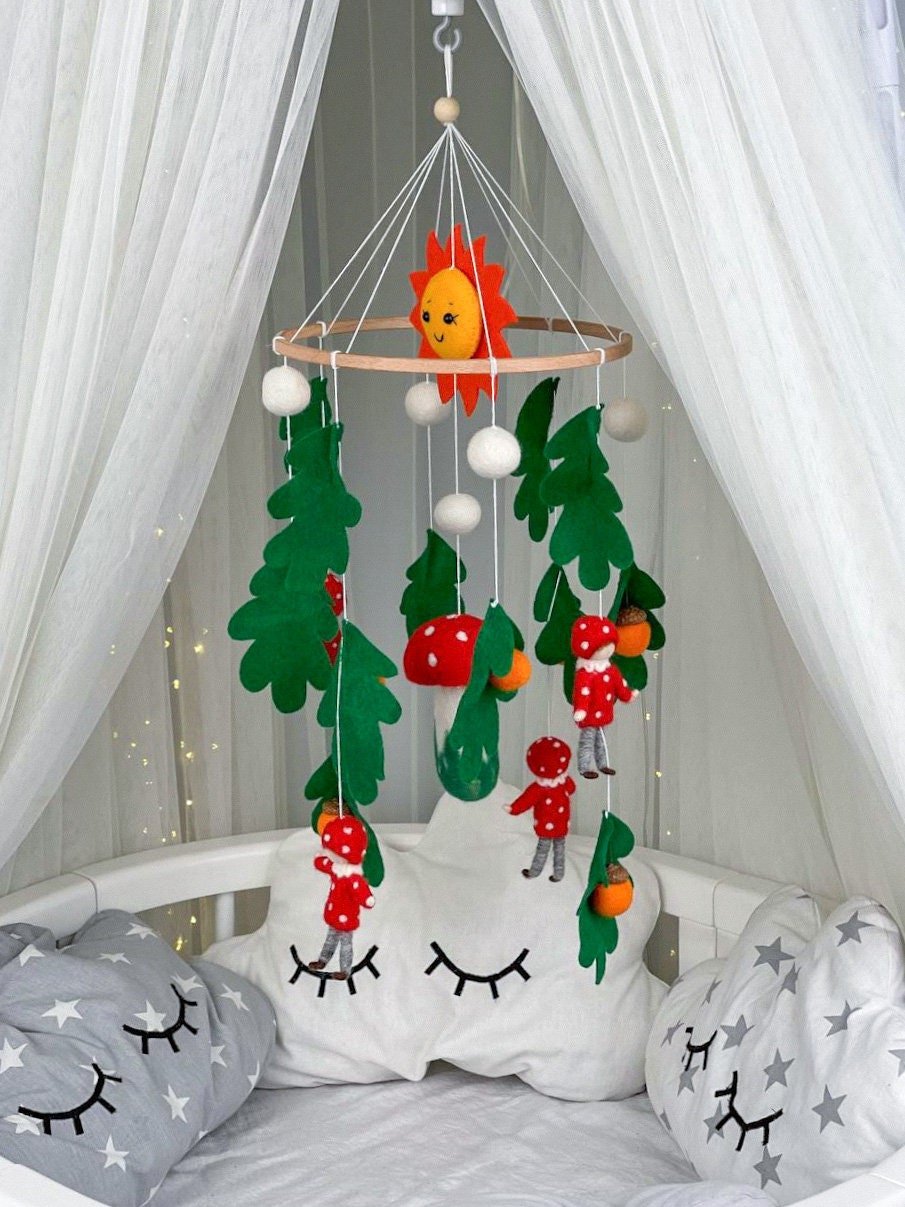 Mushroom baby crib mobile, Nursery crib mobile - WoollyFox