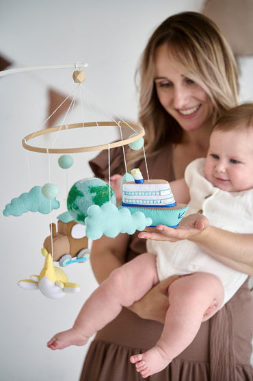 Transportation Baby Mobile with Airplane, Ship, Train & Earth – Handmade Felt Crib Mobile for Travel Nursery - WoollyFox