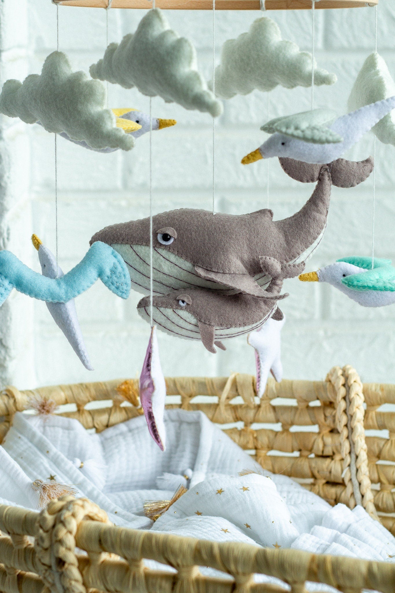 Whale Baby Mobile – Nautical Crib Mobile with Seagulls & Starfish - WoollyFox