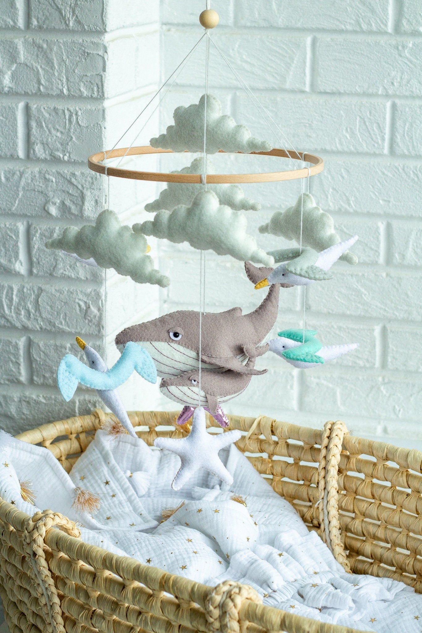 Whale Baby Mobile – Nautical Crib Mobile with Seagulls & Starfish - WoollyFox