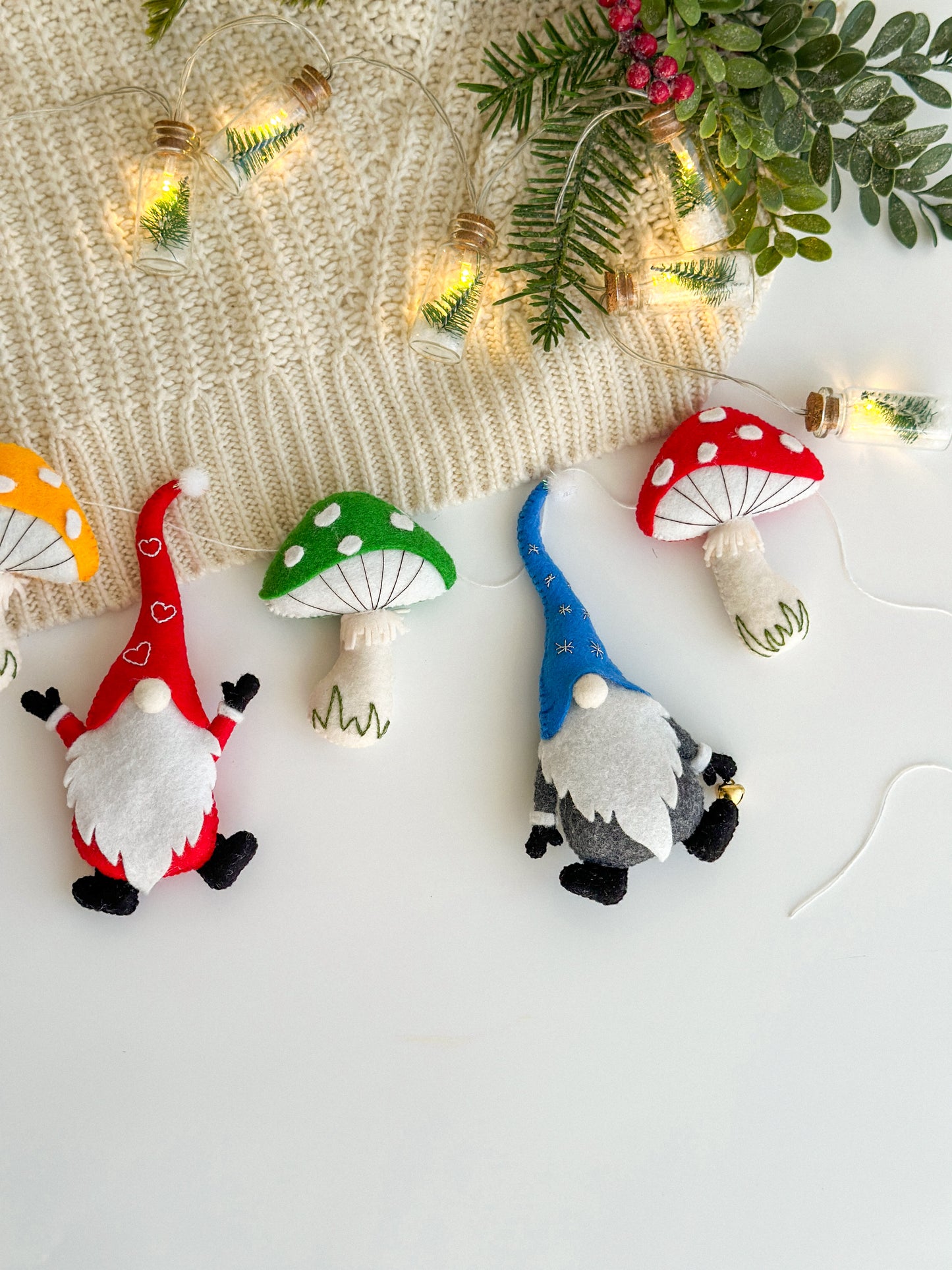 Christmas gnomes and mushrooms garland