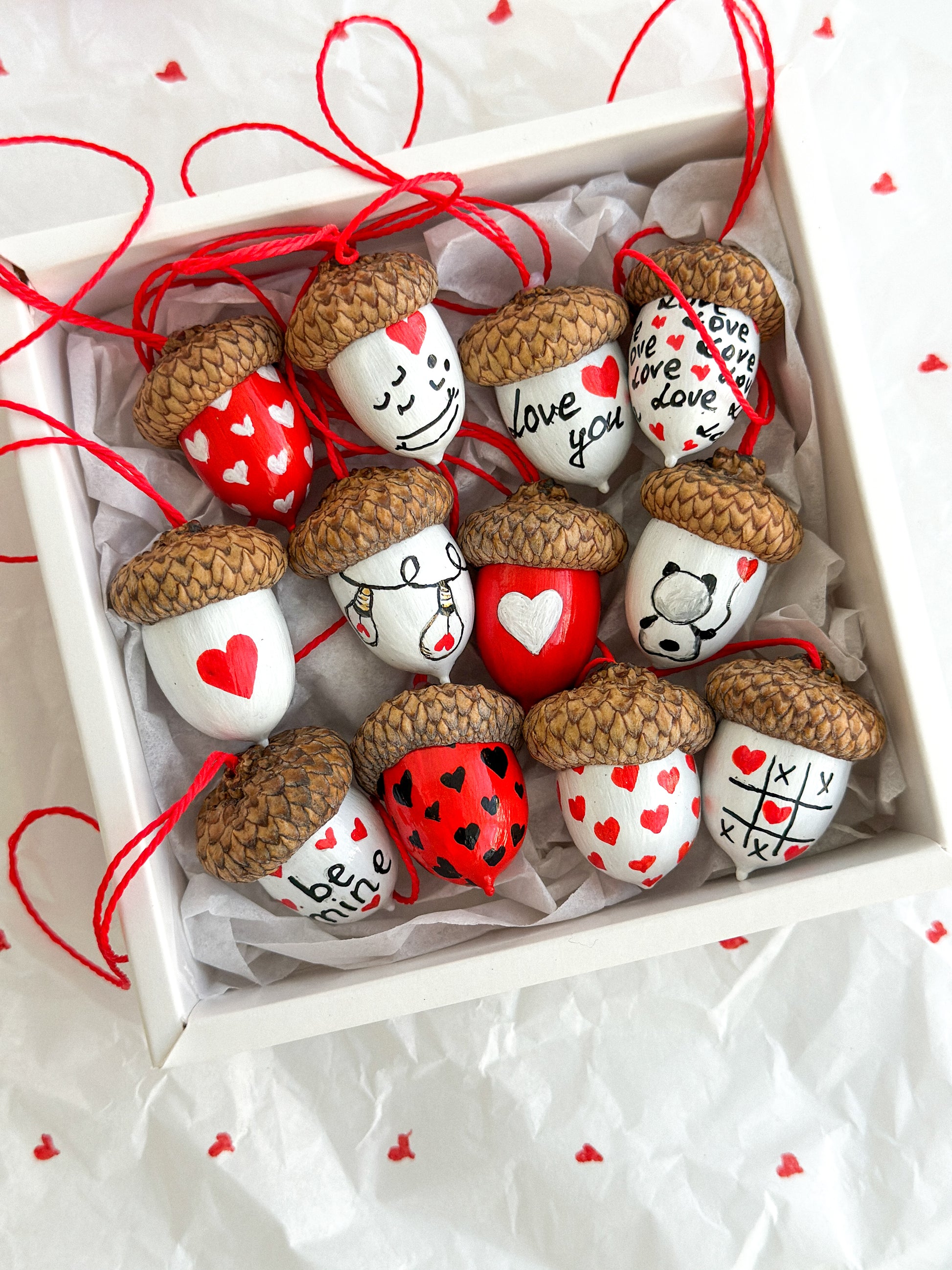 Valentines acorns ornaments | Hand Painted acorns Set of 12
