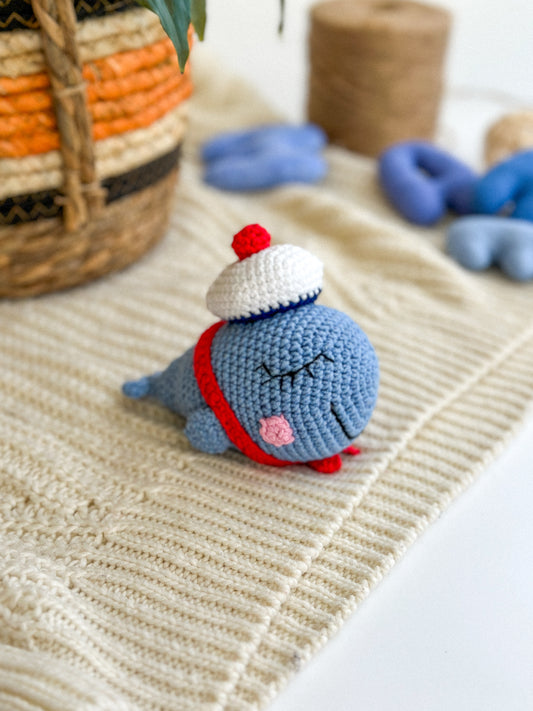 Handmade Crochet whale in a Hat, Amigurumi Plushie