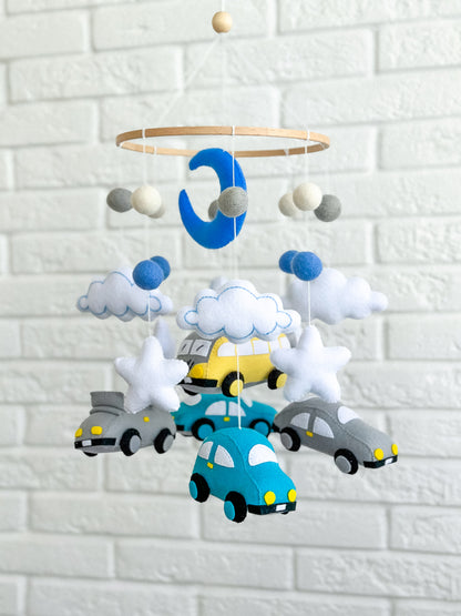 Full mobile above crib – musical baby mobile with moon and cars option