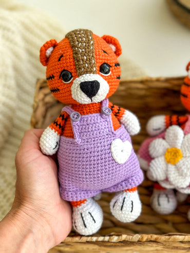 Handmade crochet tiger boy in overalls – soft amigurumi baby toy with hypoallergenic filling
