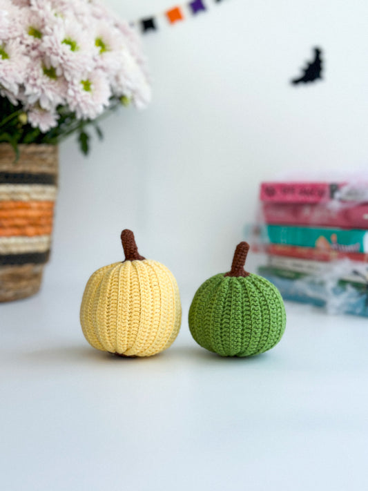 Hand-knitted pumpkin in yellow – soft fall or Halloween decor