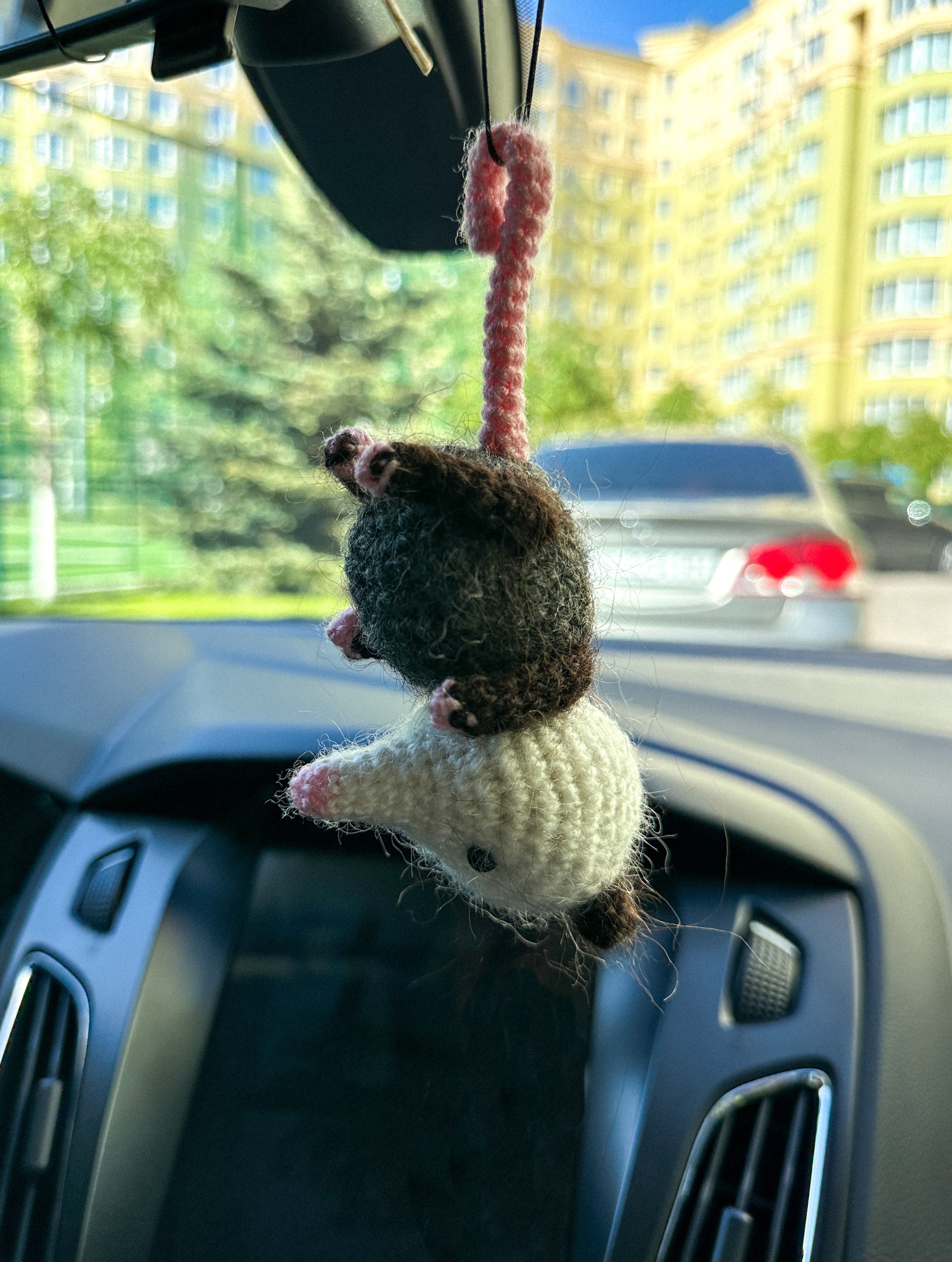Handmade crochet opossum car charm made of mohair yarn, hanging on rearview mirror – cute animal accessory gift