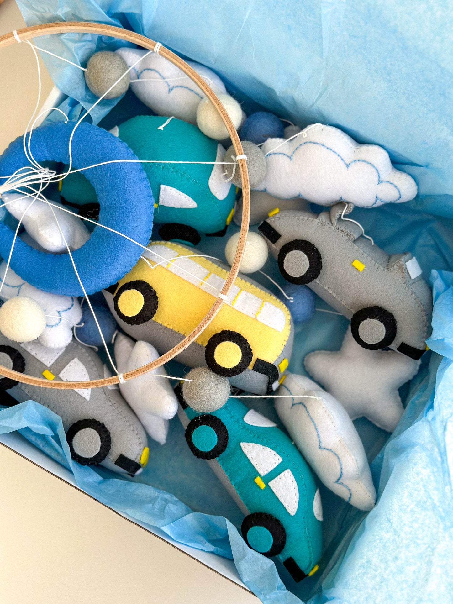 Boy crib mobile with cars, clouds, and stars – soft felt hanging mobile