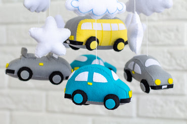 Boy Car and Moon Baby Mobile – Gray Blue Felt Crib Mobile