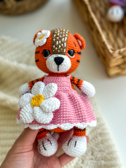 Crochet Tiger Toy in Pink Dress – Amigurumi Baby Gift for Girl or Boy