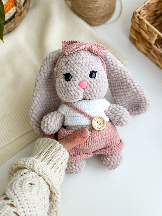 Handmade Pastel Knitted Rabbit in Overalls, knitted bunny, handmade bunny toy, crochet Rabbit plushie, amigurumi Rabbit, baby shower gift