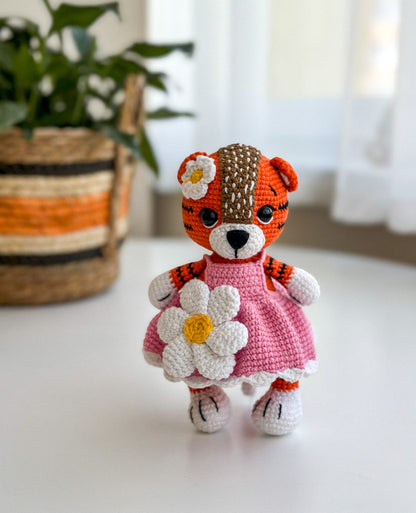 Crochet Tiger Toy in Pink Dress – Amigurumi Baby Gift for Girl or Boy