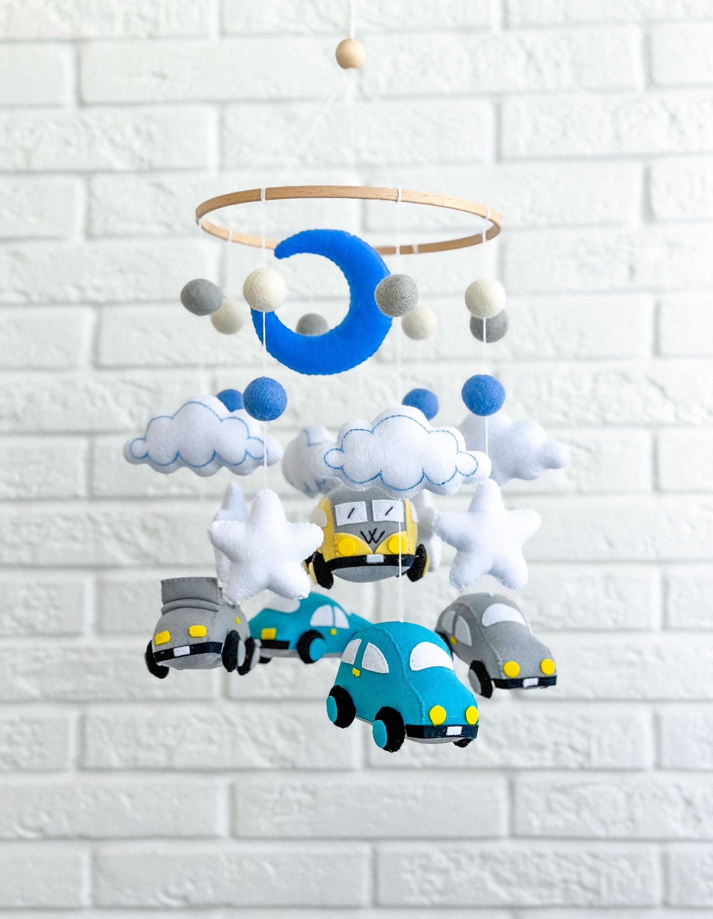 Handmade gray and blue baby mobile with cars and moon – felt nursery decor
