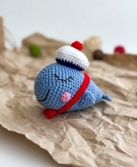 Handmade Crochet whale in a Hat, Amigurumi Plushie