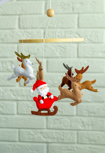 Handmade baby mobile with Santa and 6 reindeer – Christmas nursery crib decor in soft felt