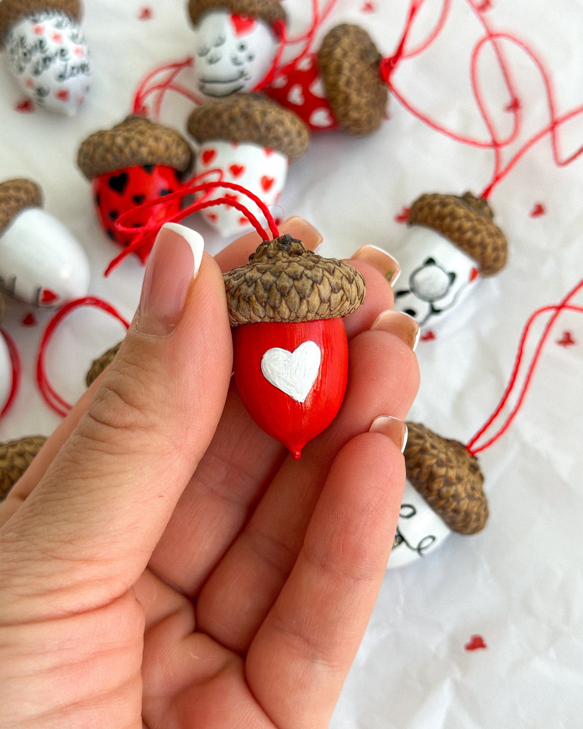 Valentines acorns ornaments | Hand Painted acorns Set of 12