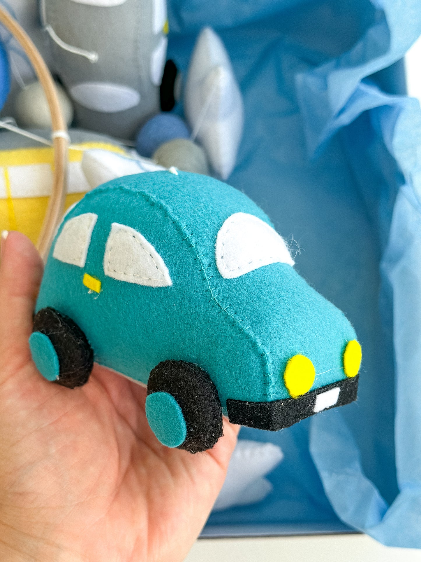 Boy Car and Moon Baby Mobile – Gray Blue Felt Crib Mobile