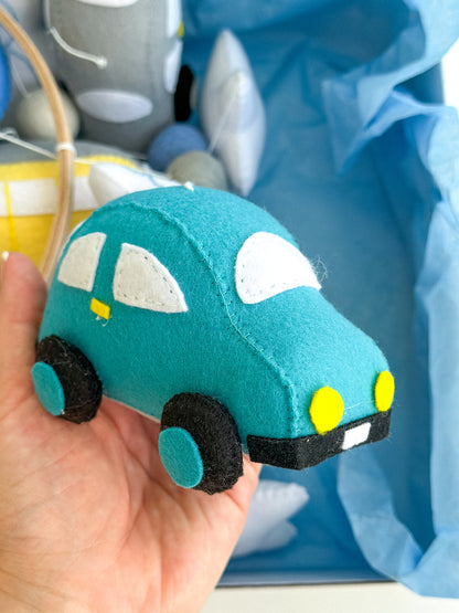 Boy Car and Moon Baby Mobile – Gray Blue Felt Crib Mobile