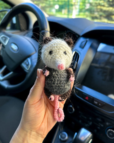 Handmade crochet opossum car charm made of mohair yarn, hanging on rearview mirror – cute animal accessory gift