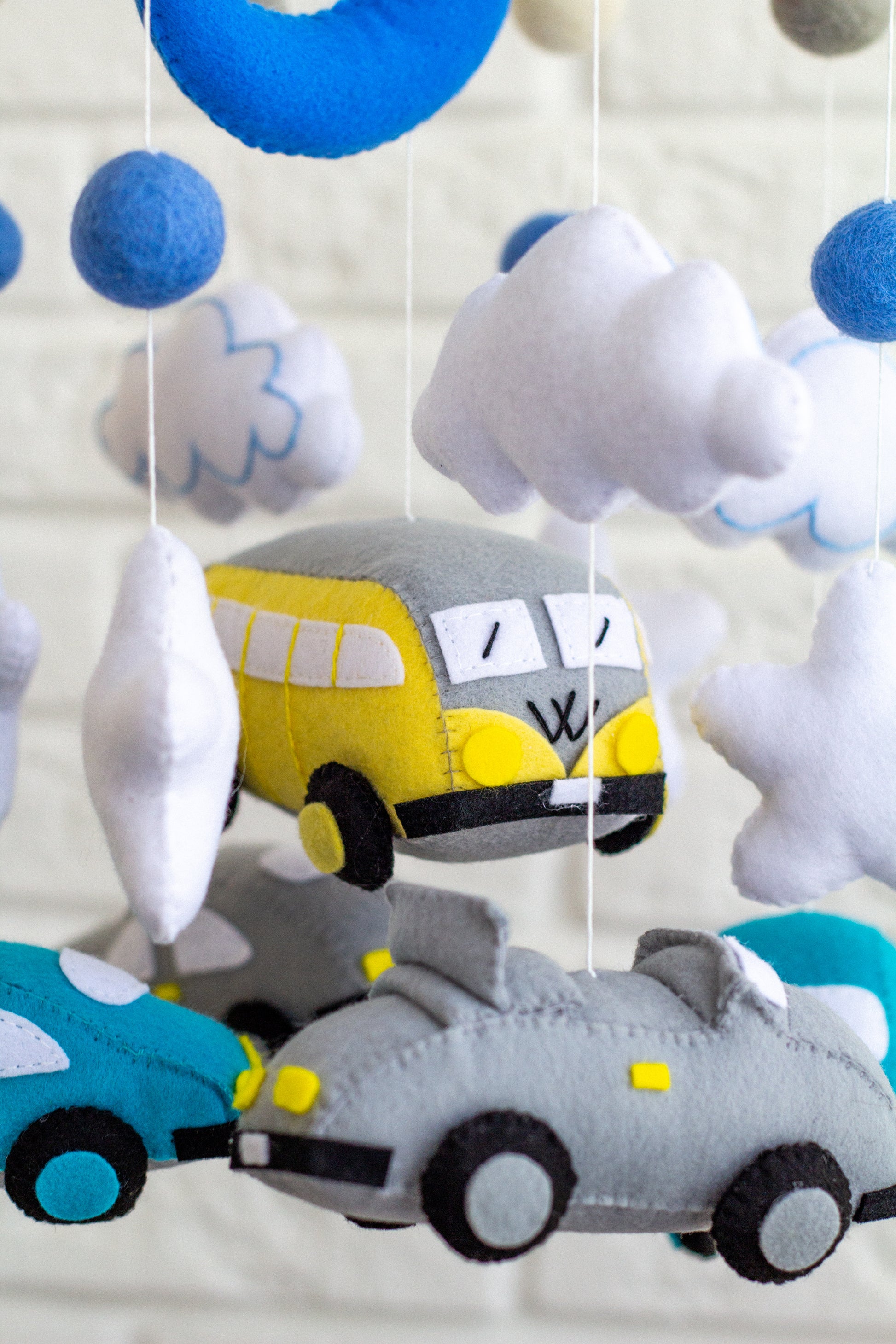 Boy crib mobile with cars, clouds, and stars – soft felt hanging mobile