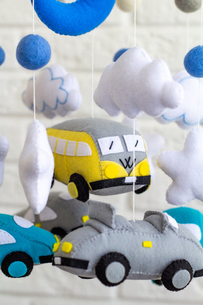 Boy crib mobile with cars, clouds, and stars – soft felt hanging mobile