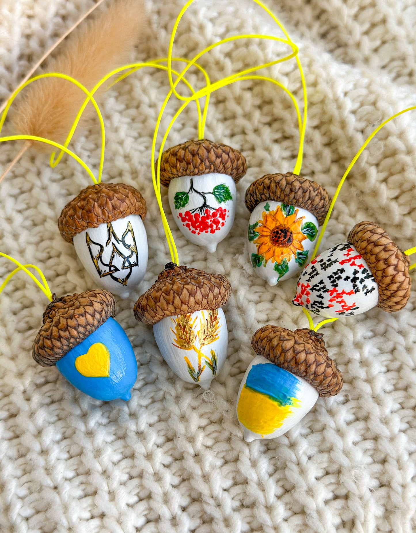 Ukrainian symbols set of hand-painted acorns patriotic gift set of 7