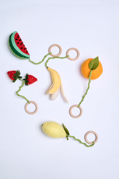 Handmade fruit baby gym toys with wooden rings – felt set of 5
