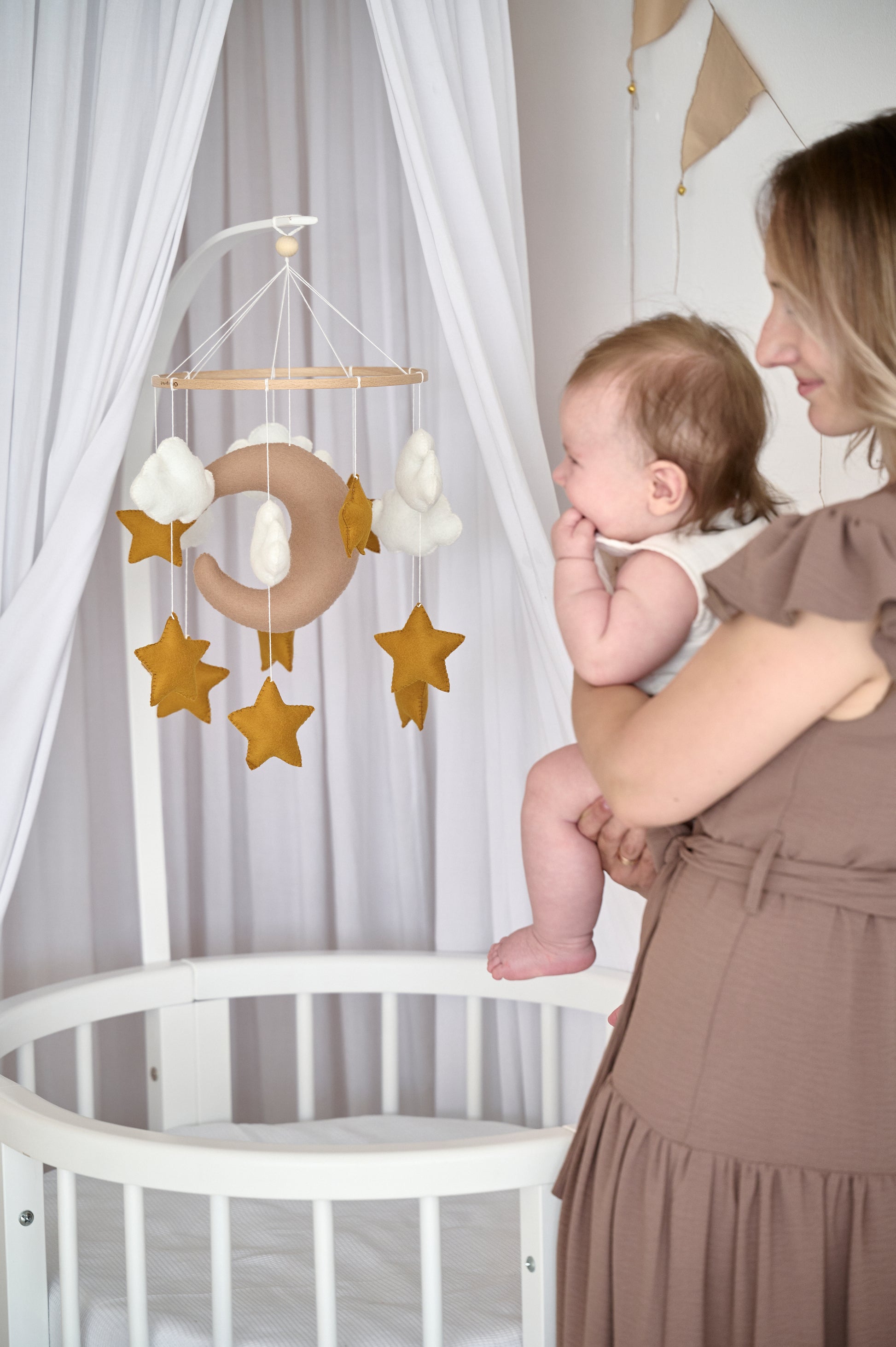Boho nursery decor mobile – beige moon and stars