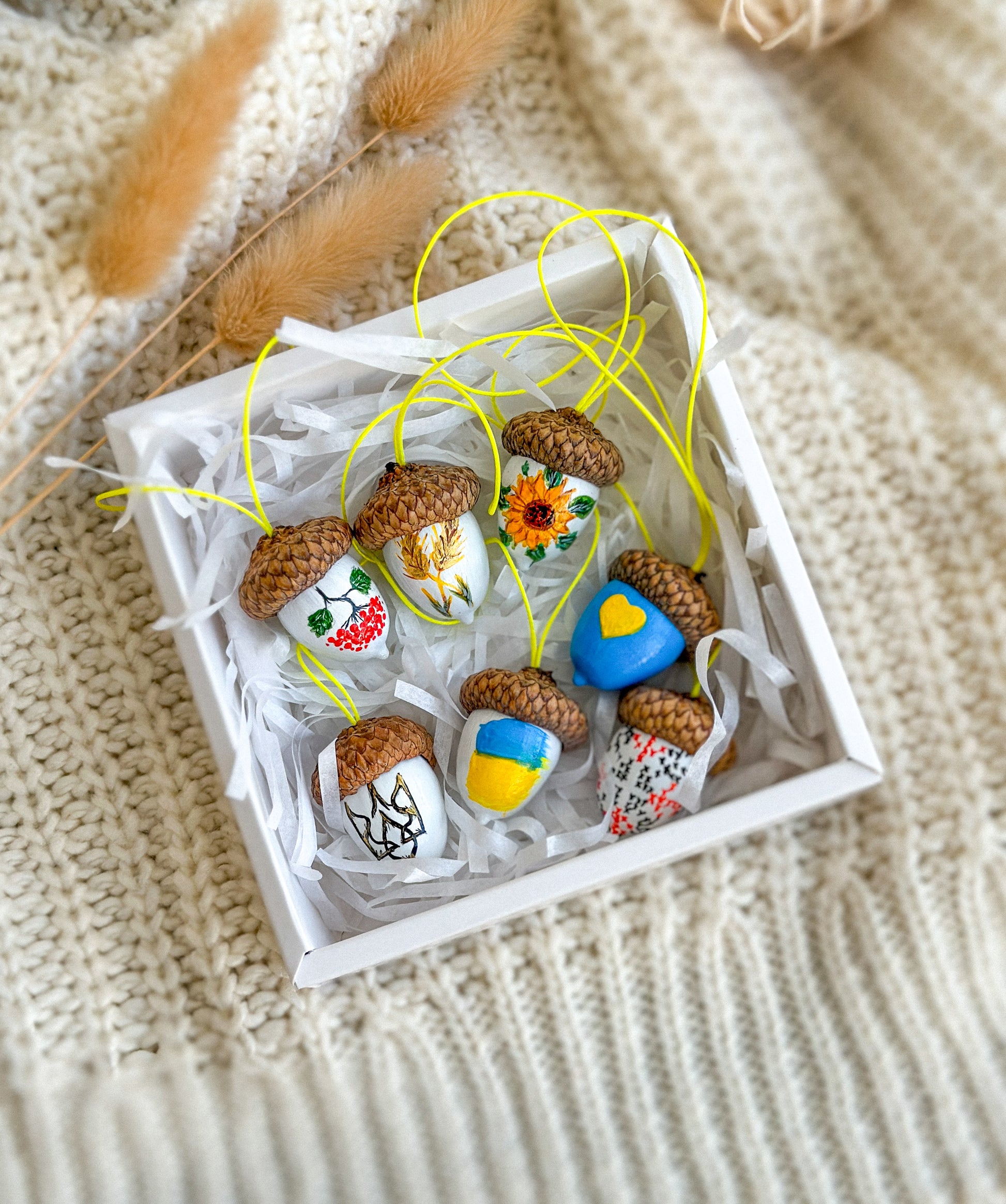 Ukrainian symbols set of hand-painted acorns patriotic gift set of 7