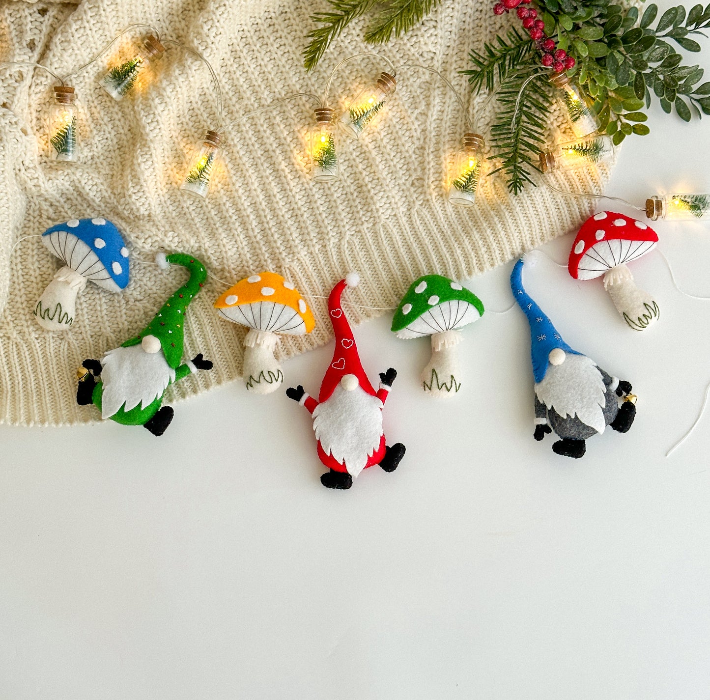 Christmas gnomes and mushrooms garland