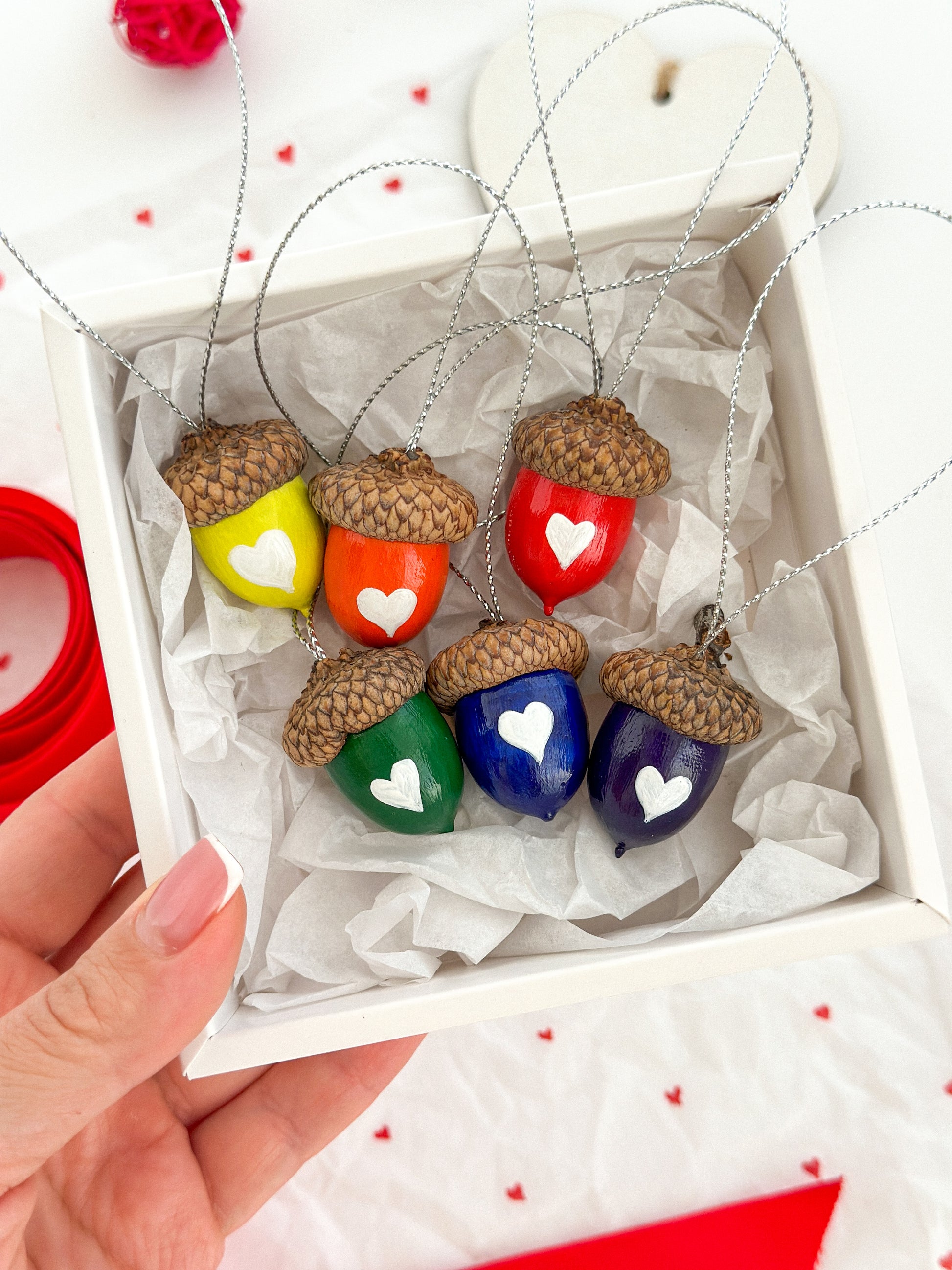 Valentines acorns ornaments | Hand Painted acorns Set of 6