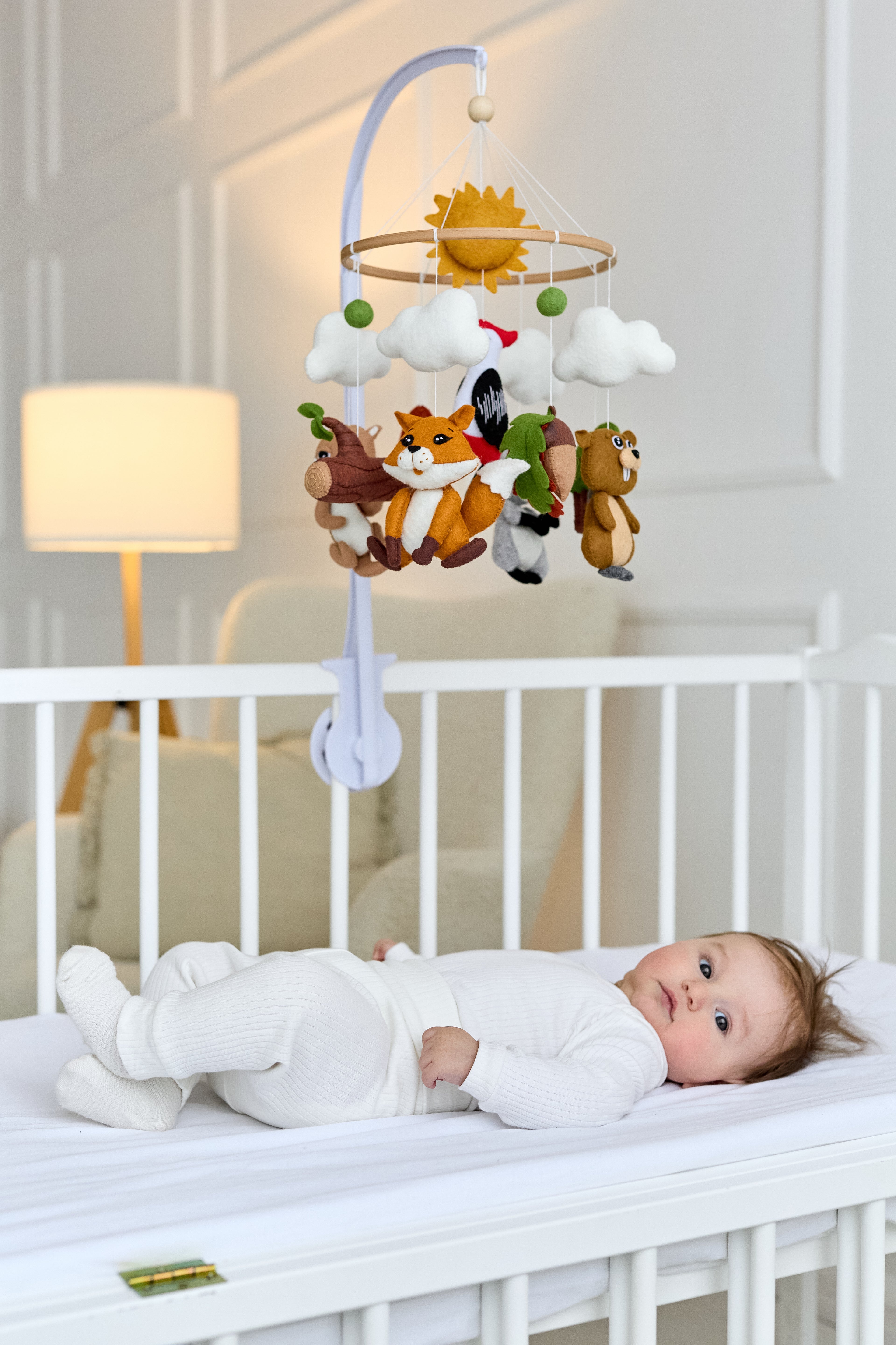 Woodland animal baby mobile with felt fox, raccoon, beaver and otter