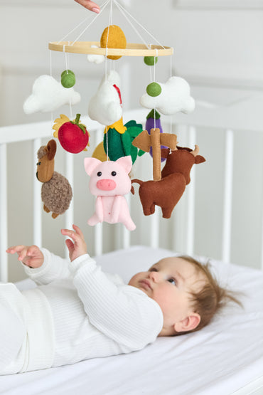 Handmade baby mobile with farm theme and wool balls