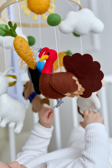 Farm Baby Mobile – Tractor, Cow, Turkey, Dog, Goat, Clouds & Carrots – Felt Crib Mobile