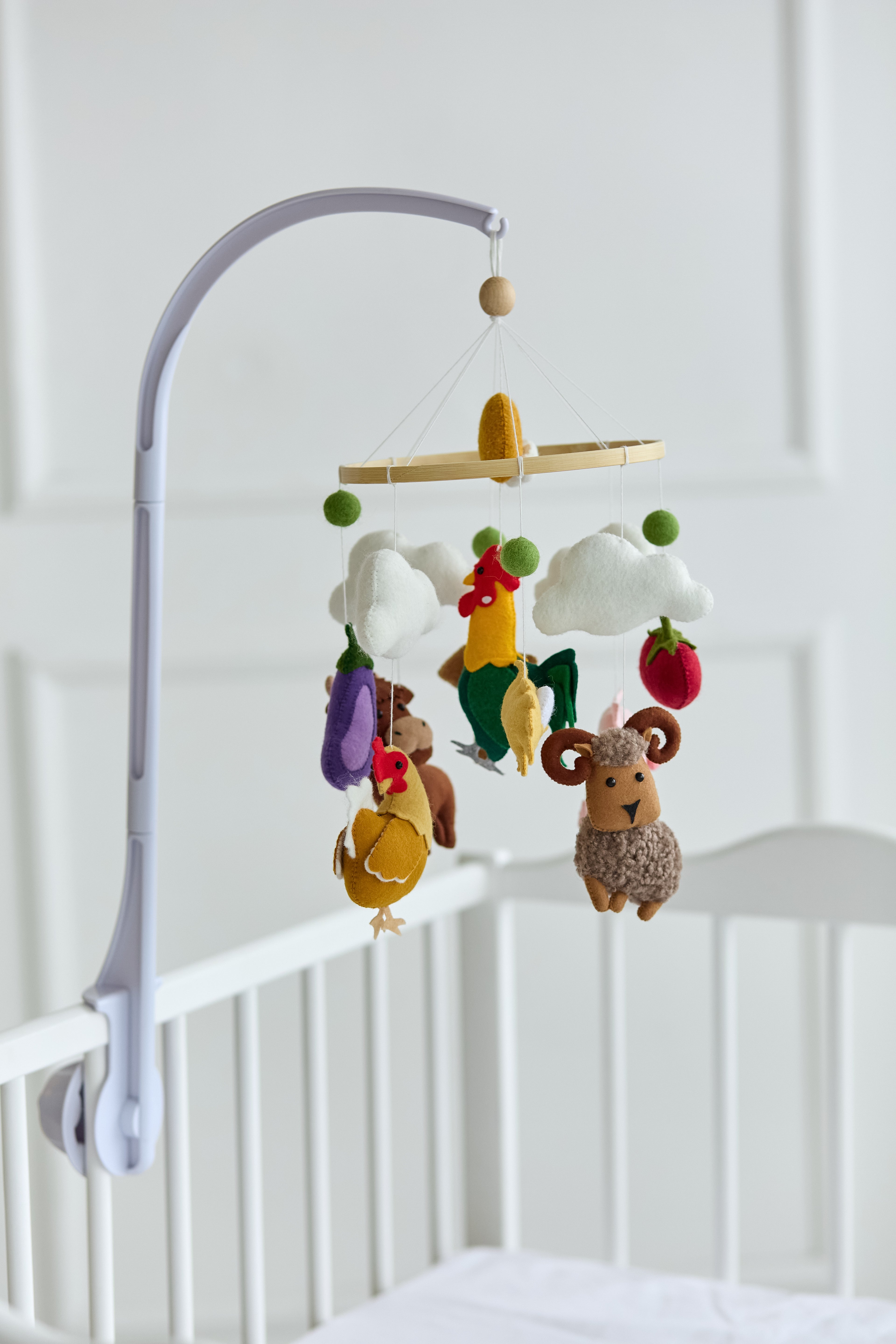 Felt farm animal mobile for crib with chicken, pig, sheep and clouds