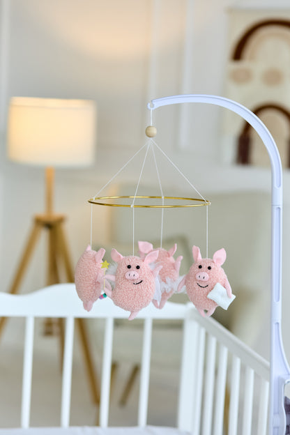 Baby Crib Mobile “Happy Piggies” – Felt and Boucle Farm Animal Mobile for Newborn | Handmade WoollyFox Nursery Decor