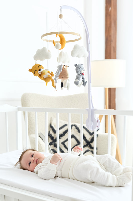 Felt kitten baby mobile with mouse hanging above crib