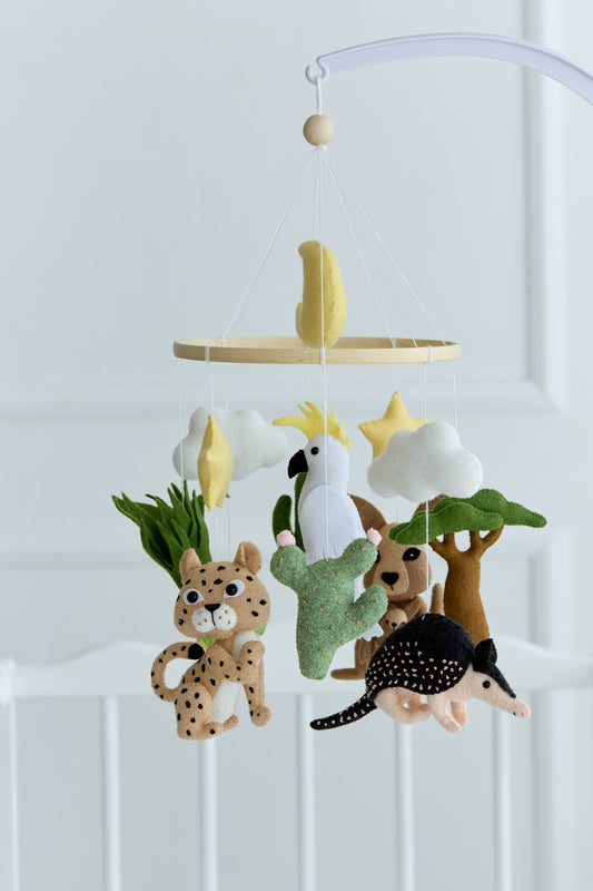 Cheetah and armadillo nursery mobile with clouds and moon