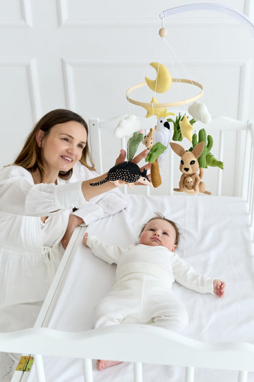 Wooden hoop baby mobile with jungle animals