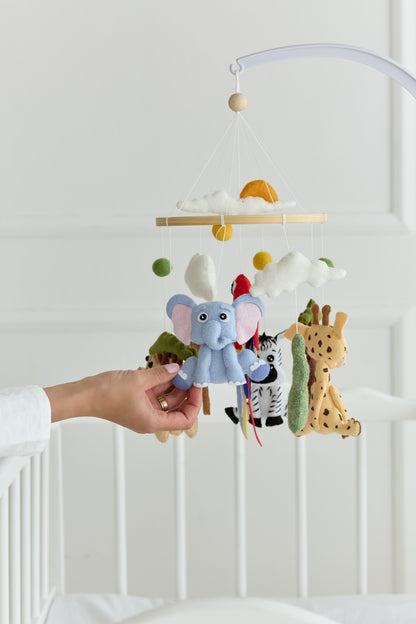 Safari baby mobile with felt animals and baobab trees